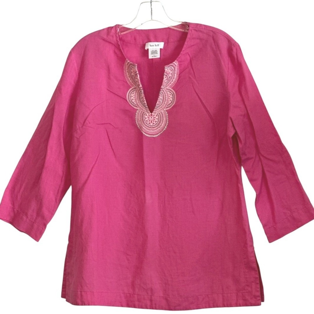 Kate Hill Womens Hot Pink 100% Linen‎ Embroidered Tunic Top Resort Wear Boho L
